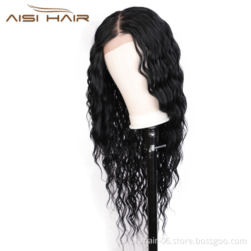 Aisi Hair High Quality 22 Inch Long Wavy Black Color Wig Water Wave Swiss Lace Wig Wholesale Synthetic Hair Wigs For Black Women